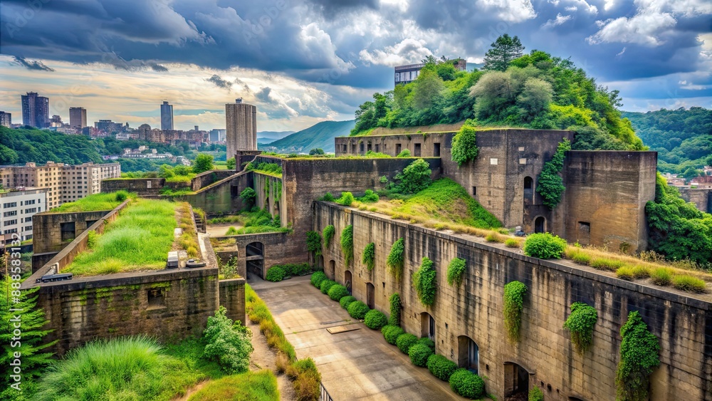 Sticker Desolate and empty Fort Pitt with crumbling walls and overgrown vegetation, abandoned, neglected, fortress, decay, desolate