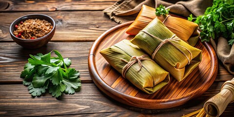 Fototapeta premium Delicious Colombian tamale preparation with cilantro on wooden table, Colombian, tamale, preparation, dish