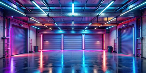Fototapeta premium Garage interior with neon lights lines, garage, interior, neon lights, lines, colorful, modern, vibrant, urban, lighting