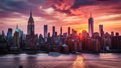 Obraz premium Sunset Over the River: City Skyline with Iconic Landmarks and River Boats