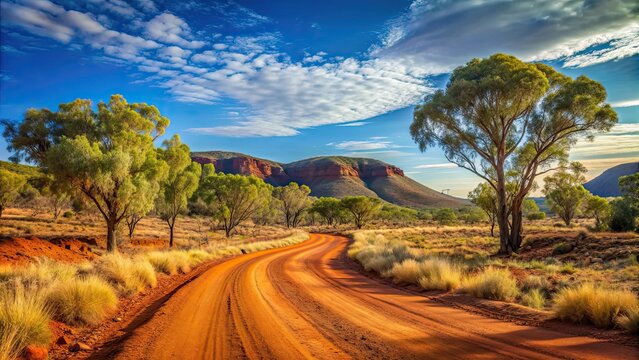 Winding dirt road through serene Australian outback landscape, outback, Australia, road, dirt, landscape, nature