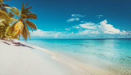 Obraz premium Beautiful tropical beach with palm trees, sunset beach seascape, design template for travel banner.