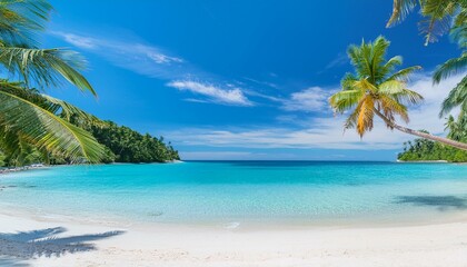 Beautiful tropical beach with palm trees, sunset beach seascape, design template for travel banner. © Won Studio