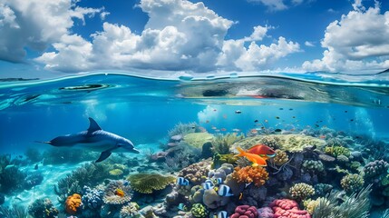 Above and below the surface of the Caribbean Sea with coral reefs