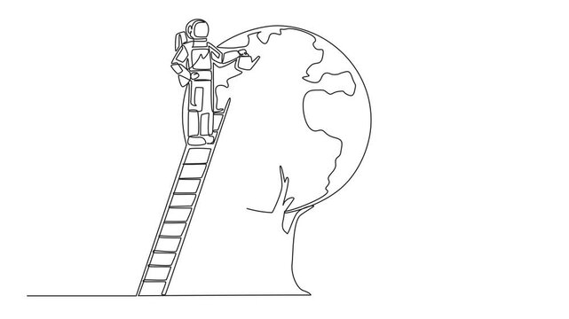 Animated self drawing of continuous one line drawing astronaut climbs a ladder watering a tree whose leaves form a globe. Extraordinary collaboration to care for beloved earth. Full length animation