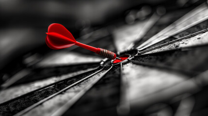 Red Dart Hitting Bullseye on Dartboard with Blurred Background