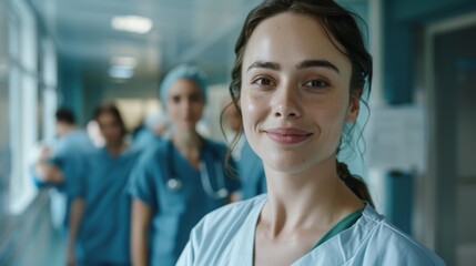 Fototapeta premium A female hospital nurse is looking at the camera at the hospital ward with a colleague in