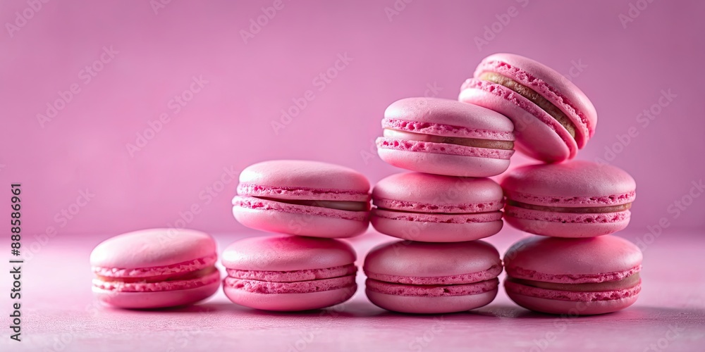 Poster Pile of pink macarons on background, macarons, pink, sweet, dessert, French cuisine, bakery, confectionery, pastel, treats