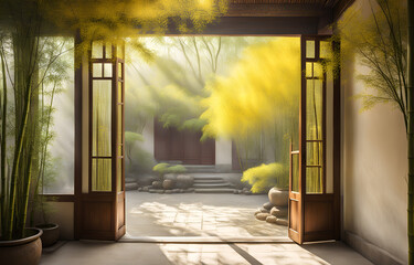 Spring morning, Chinese Siheyuan, courtyard, bamboo forest, light yellow gauze, transparent, a Kui tree flower in front of the door, vista courtyard cluster, depth of field, bright scene, gorgeous lig