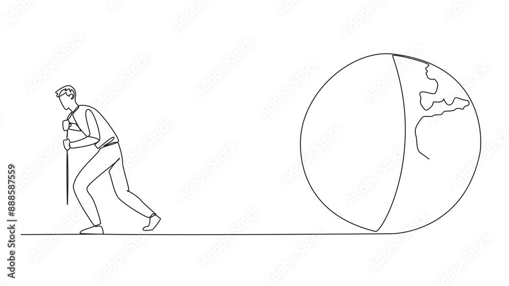 Poster animation of a continuous one line drawing of a man pulls a globe. a real action to make the earth a
