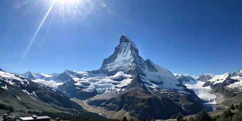 Panorama of majestic Mount Matterhorn against a clear blue sky on a sunny day, Mount Matterhorn, panorama, blue sky