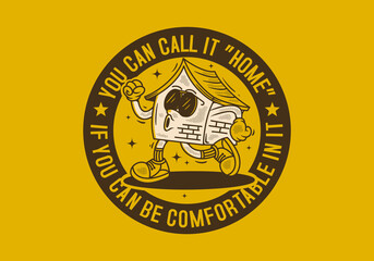 Walking house mascot character in vintage retro style