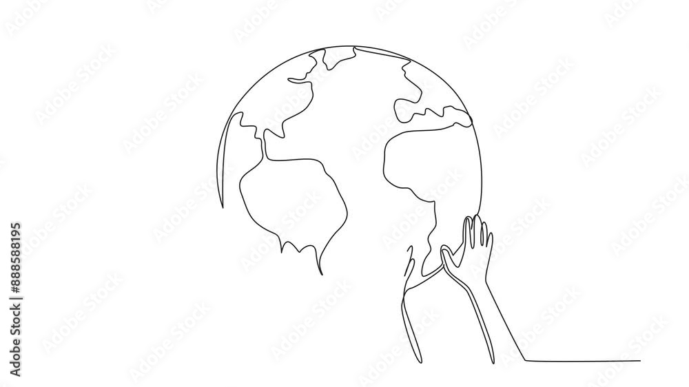 Poster self drawing animation of single continuous line drawing several hands holding the globe from below.