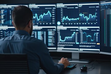 Man analyzing multiple financial data charts on computer monitors. Business stock market trader at work in modern office.