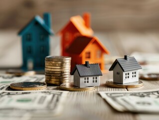 Miniature houses with coins and dollar bills representing real estate investment, mortgage, and financial planning concepts.