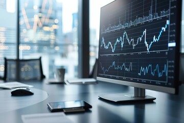 Modern office with multiple monitors displaying financial graphs and data, emphasizing business analysis and economic growth.