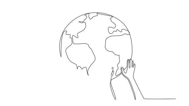 Self drawing animation of single continuous line drawing several hands holding the globe from below. A real action to save our beloved planet earth. Keep it green and beautiful. Full length animated