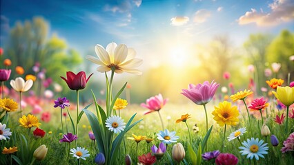 Fototapeta premium Abstract -rendered flower field scene with stylized flowers in a spring background, , abstract