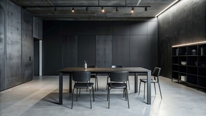 Modern black interior empty room with table and chairs for interior design mock up, modern, black, interior, empty room