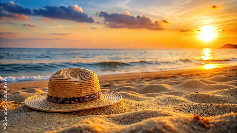 Poster Straw hat resting on golden sand beach during sunset, creating a tranquil vacation background, straw hat, sunset, beach