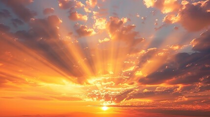 Fototapeta premium A beautiful sunset sky with orange and yellow hues, rays of light breaking through the clouds.
