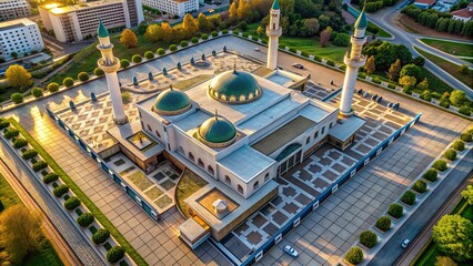 Obraz premium Aerial view of a contemporary mosque building, modern, masjid, mosque, architecture, aerial, view, design, structure, Islamic