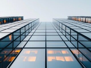 Modern glass skyscraper facade reflecting the sky, showcasing contemporary architecture and urban office buildings during sunset.