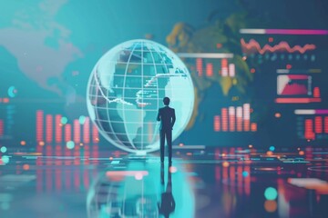 Naklejka premium 3D Technical Illustration Featuring Data Analysis Tools with Globe and Businessman Silhouettes, Representing Global Business Analytics and Technology Integration.