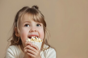 Naklejka premium Adorable little girl happily eating popcorn, enjoying snack time with a delightful smile.