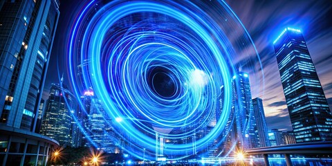 Electric blue vortexes swirling in a futuristic cityscape, sci-fi, metropolis, electric blue, vortex, futuristic