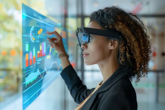 Businesswoman Interacting with a Holographic Display - Powered by Adobe