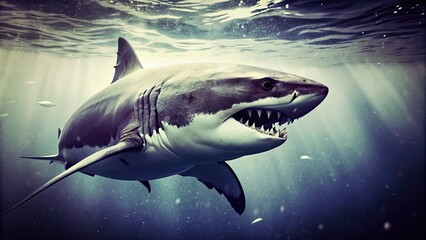 Naklejka premium A fierce shark swimming in the deep sea , predator, ocean, underwater, danger, aquatic, marine life, fins, teeth
