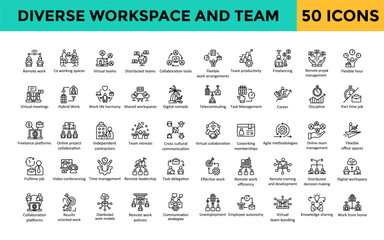 Diverse workspace and team icon set with distributed teams, collaboration tools, flexible work arrangements, team productivity, freelancing, remote project management icon. Simple line vector 
