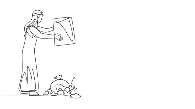 Self drawing animation of continuous one line drawing Arabian man throws rubbish into rubbish pile. Environmental care. It is best to dispose of waste at the final disposal site. Full length animated