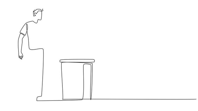 Animated self drawing of single one line drawing a man throw used plastic bottles into overflowing trash cans. Environmental care. Correct littering waste. Recyclable waste. Full length animation