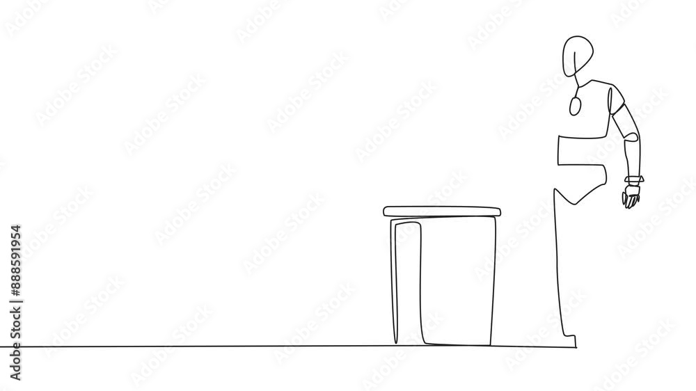 Poster animated self drawing of continuous one line drawing robot throw used plastic bottles into overflowi