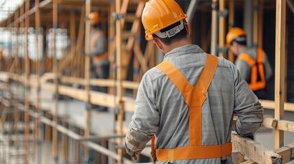 Construction worker wearing a safety helmet and vest checks scaffolding on a building site. Others in the background wearing similar gear.