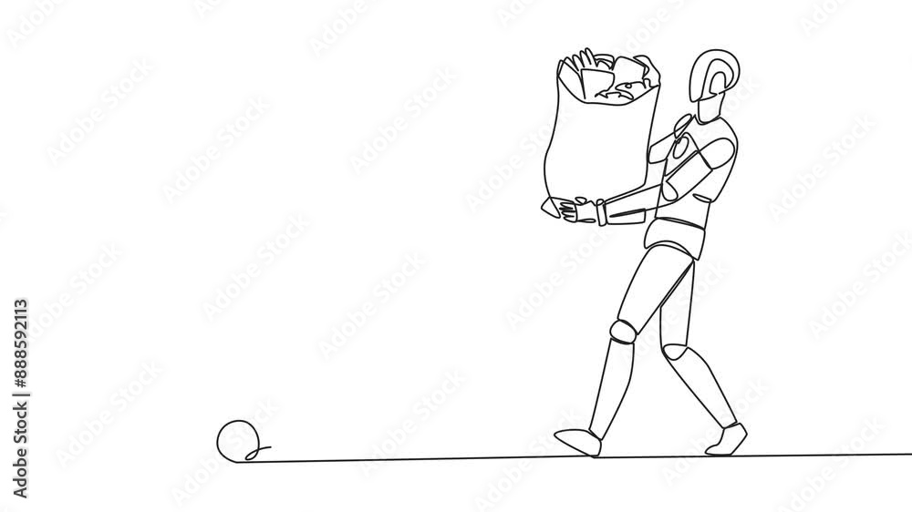 Poster animation of continuous one line drawing robot walked carrying a trash bag in both hands towards the