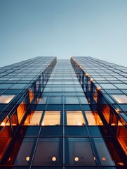 Modern glass skyscraper reflecting the sky, with illuminated interior, as seen from a low angle in the evening.