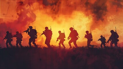 Fototapeta premium Soldiers silhouettes in the midst of intensity