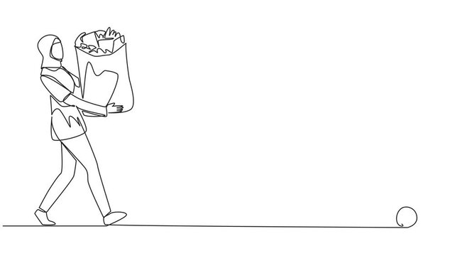 Self drawing animation of single continuous line drawing young Arabian woman walked carrying a trash bag in both hands towards the trash can. Clean lifestyle. Environmental care. Full length animated