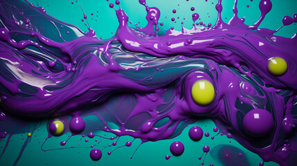 Fototapeta premium Green Drops of Liquid Paint Drained on Purple Background, Abstract Image, Texture, Pattern Background, Wallpaper, Cover and Screen of Smartphone, Cell Phone, Computer, Laptop, Format 9:16 and 16:9