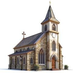 Fototapeta premium Exterior view of a small vintage stone church with a clock tower and large windows