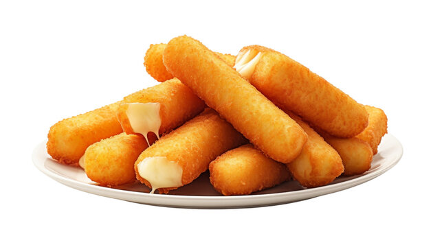 A plate of golden, crispy mozzarella sticks with melted cheese oozing out, perfect for a tasty appetizer or snack.