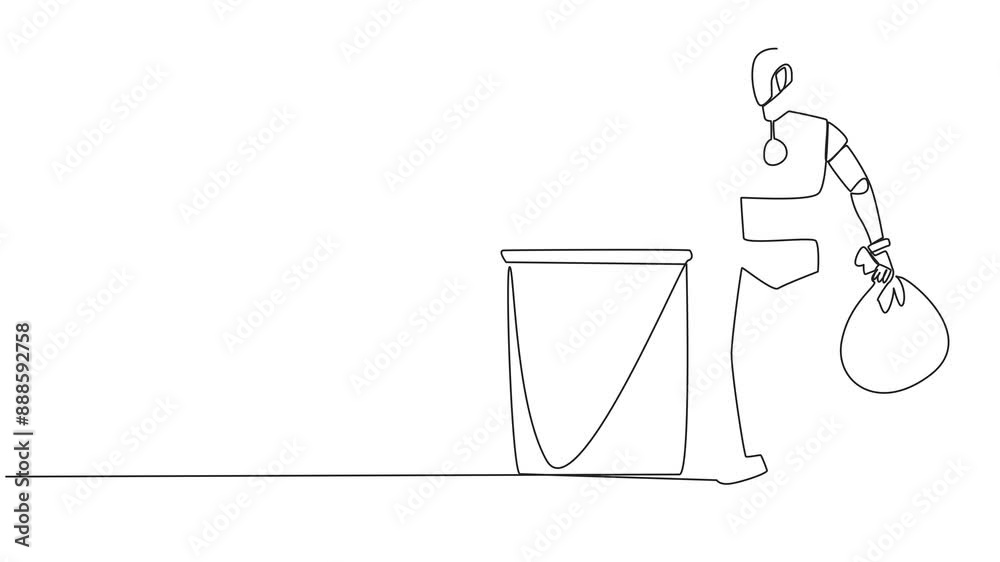 Poster animation of single continuous line drawing robot puts the trash bag into the trash can. environment