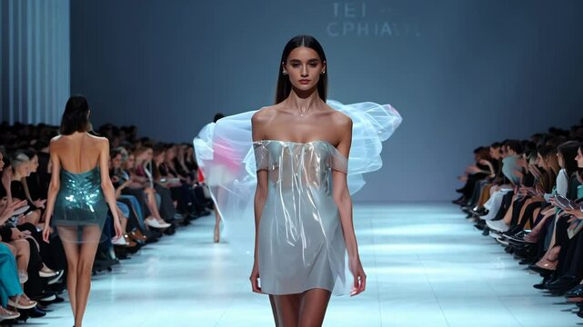 Models gracefully stride down illuminated runway, showcasing diaphanous, shimmering gowns. Transparent fabrics flow ethereally, creating captivating silhouettes. 