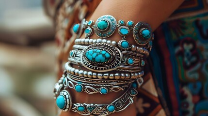 Close-up of a wrist adorned with turquoise and silver jewelry