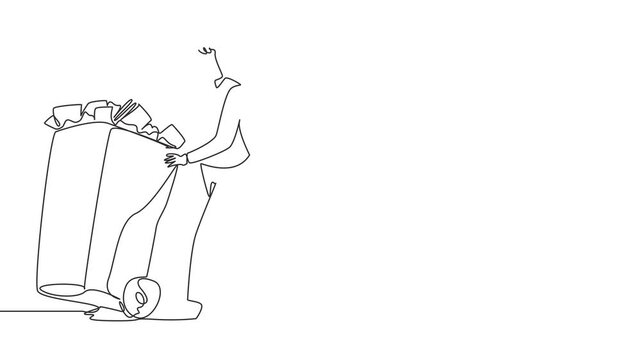 Animation of single one line drawing businesswoman pushing a trash can filled with wads of paper. Throw away unimportant documents that are no longer used. Cleanliness. Full length motion