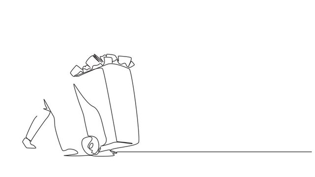 Animation of continuous one line drawing businessman pushing a trash can filled with wads of paper. Throw away administrative records that are no longer needed. Delete. Full length motion