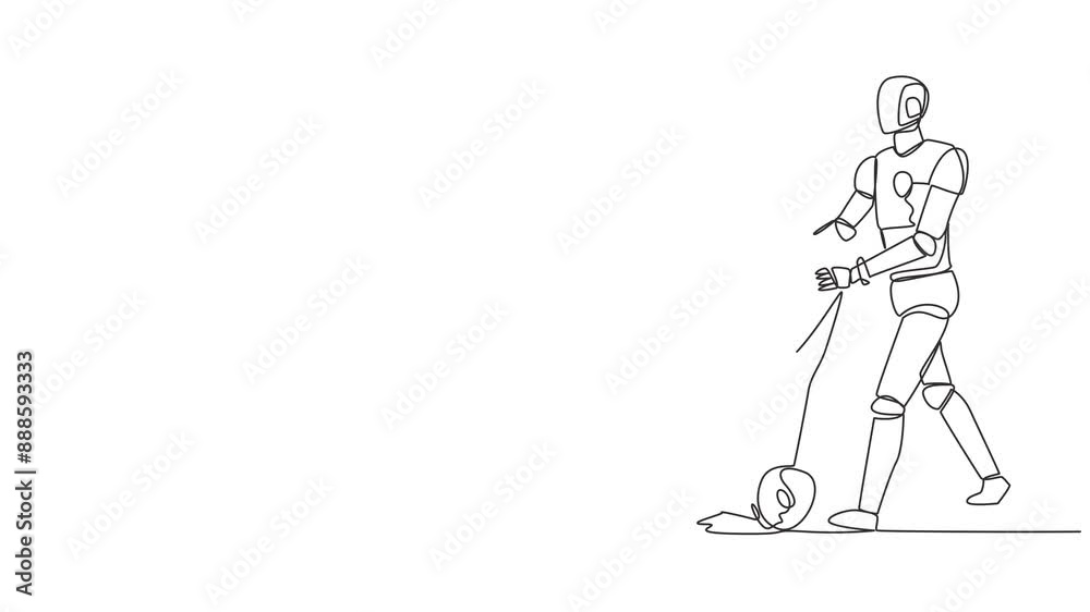 Poster animated self drawing of single one line drawing robot pushing a trash can filled with wads of paper